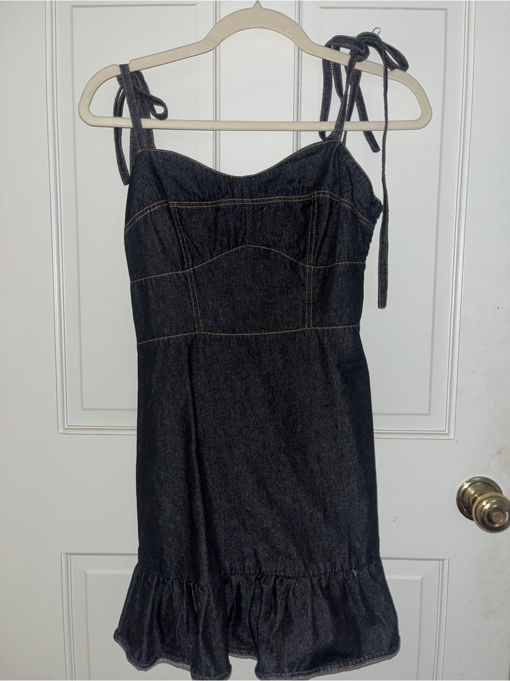 Sleeveless Dark Denim Mini Dress with Tie Shoulders Worn Once